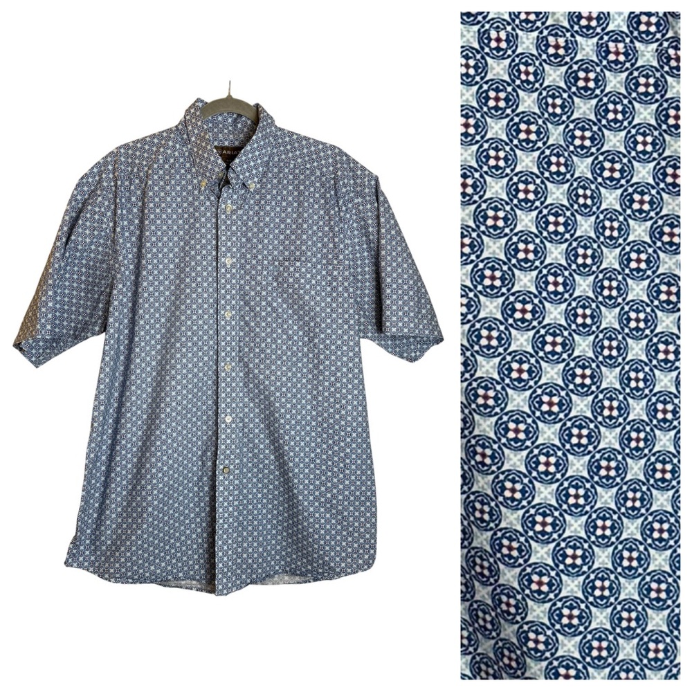 Ariat Mens Large Geometric Western Short Sleeve Button Down Shirt 100% Cotton